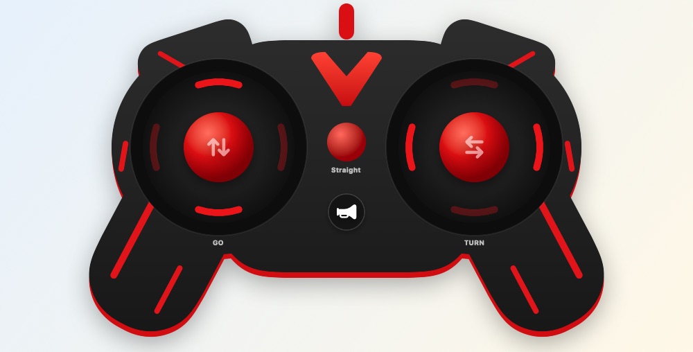 The Joysticks remote in Spiky RC: a black and red game controller with a drive stick on the left and a steer stick on the right