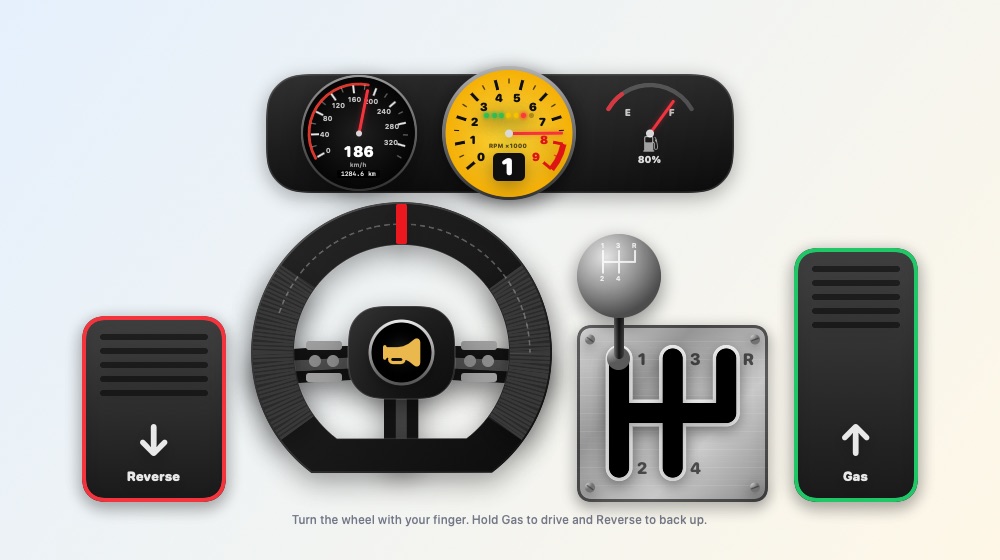 Race: dashboard, steering wheel, gear stick, and Gas and Reverse pedals