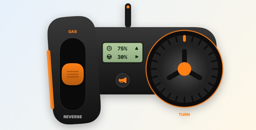 Trigger: a black and orange pistol-grip radio with a trigger, a small screen and a steering wheel