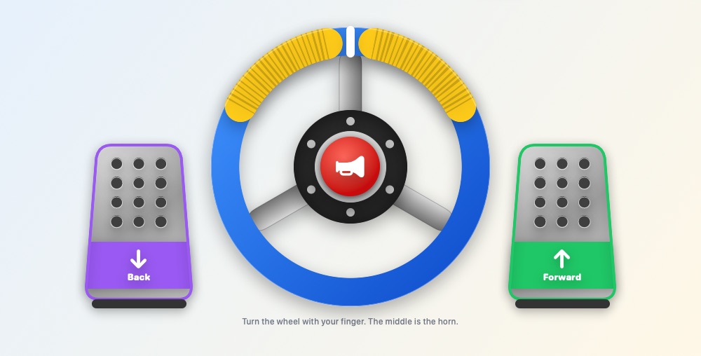 Wheel: a blue go-kart steering wheel with a red horn button, between Back and Forward pedals